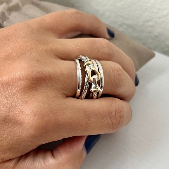 David Yurman Buckle Crossover Ring Sterling Silver & 18K Yellow Gold Size 7US - Picture 2 of 6